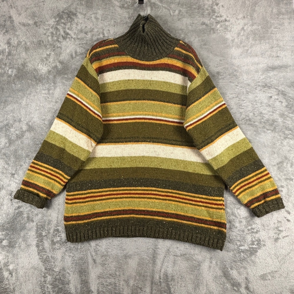 Vtg St. John's Bay Striped Turtleneck Sweater Womens L Green Wool Blend Knit USA